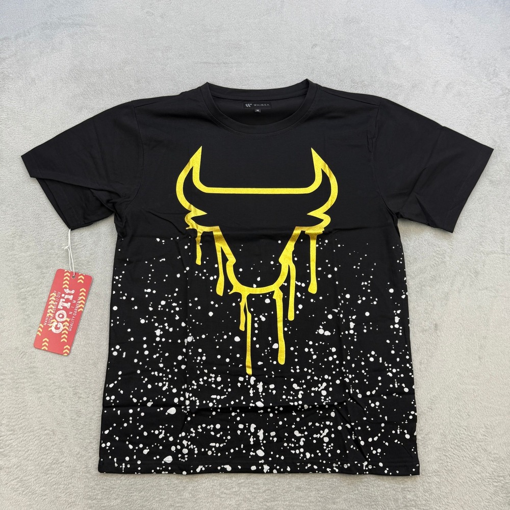 Waimea Graphic T Shirt Mens Size M Black Gold Bull Drip Paint Splatter Urban Tee